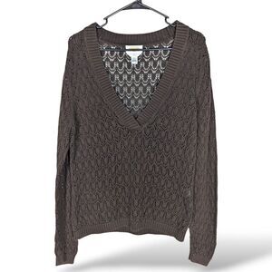 Talbots Sweater L‎ Brown Crochet V Neck Neutral Coastal Beachy Mercerized Cotton